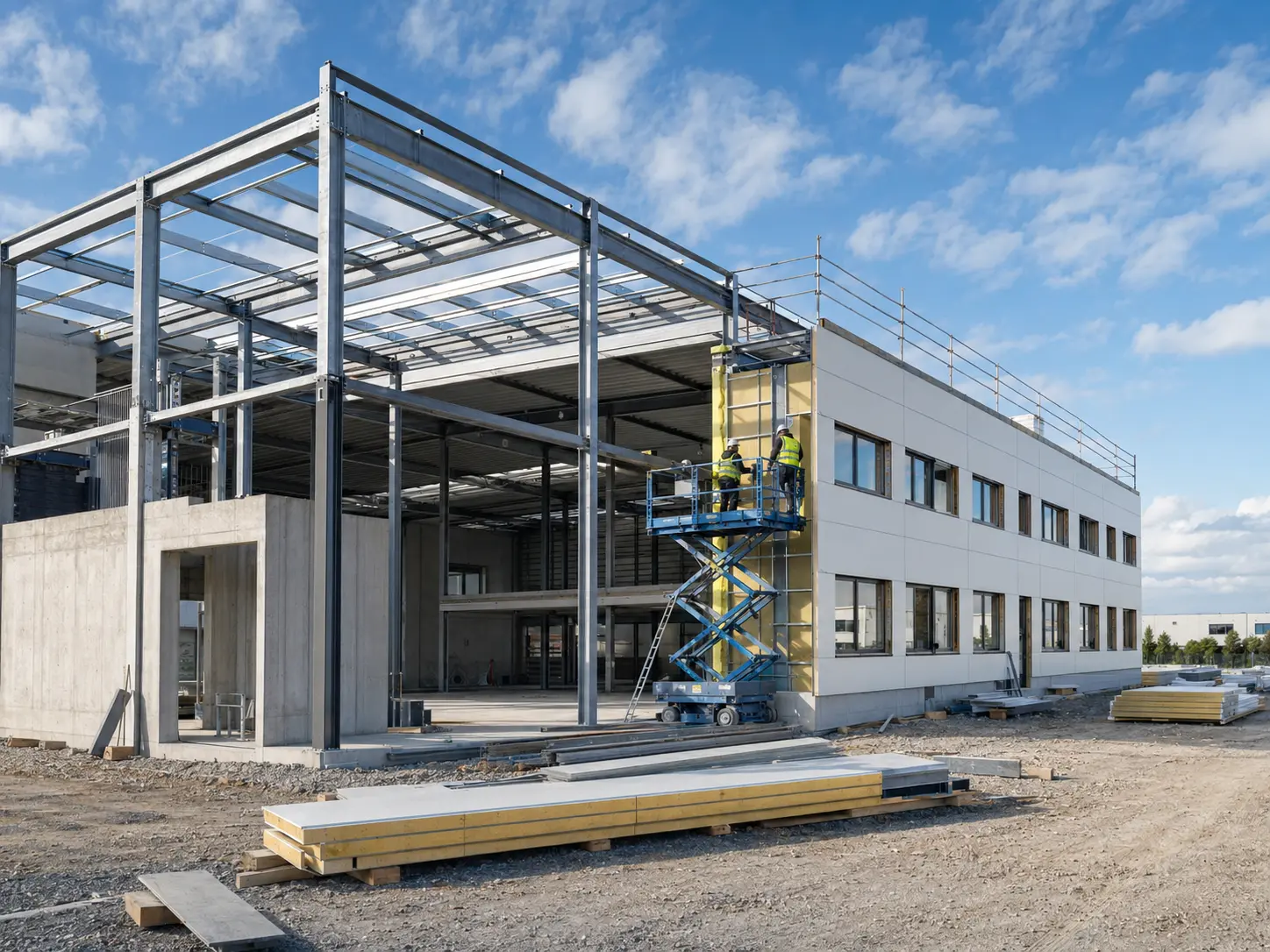 Visualisierung eines Gewerbebaus in der Bauphase